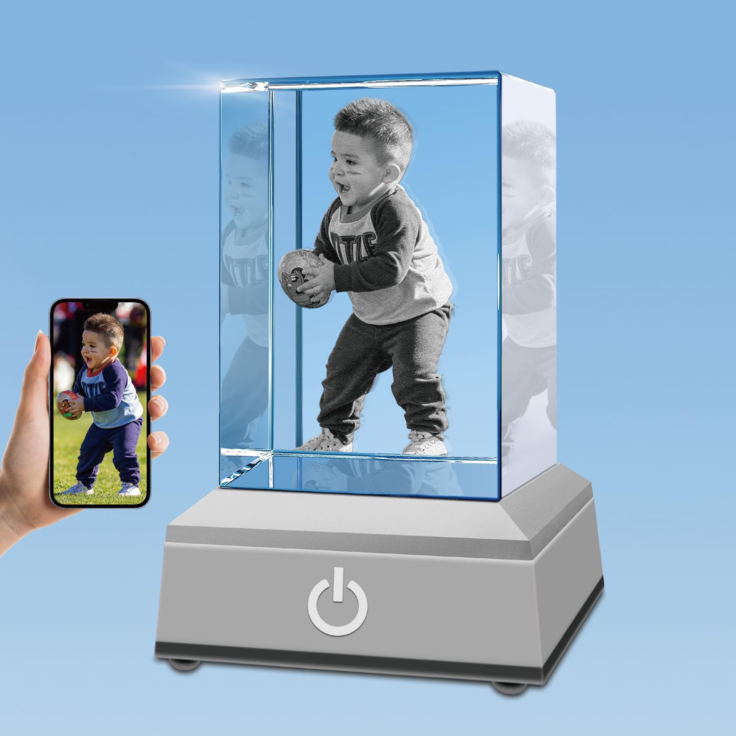 3D Crystal Photo with LED Light Base, Personalized Gifts with Your Own Photo, Laser Engraving 3D Pictures and Customized Text, S