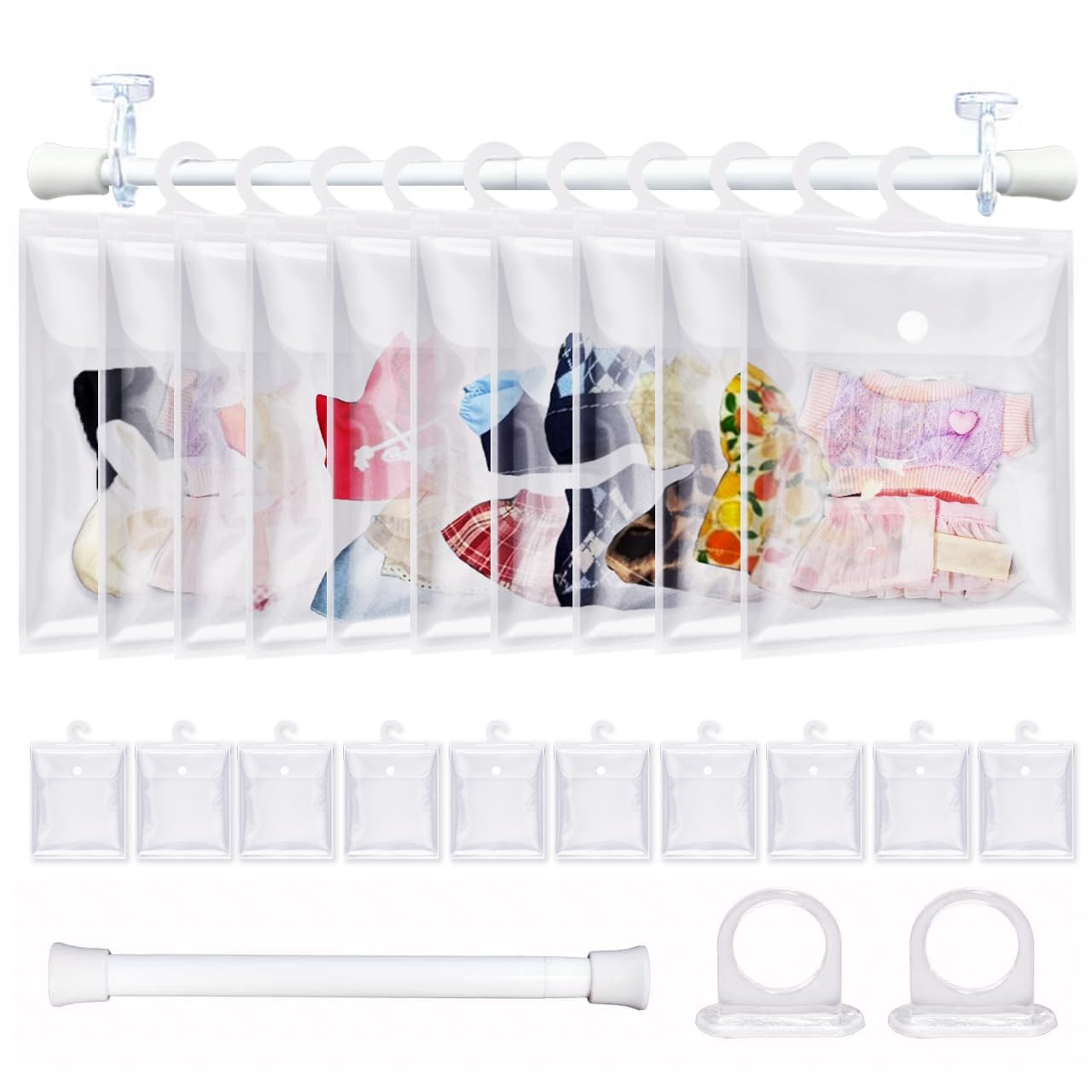 10 Pack Clear Doll Clothes Storage Bags with Hanging Rod & Hooks, Compatible with Labubu Clothes - PVC Transparent Organizer Set