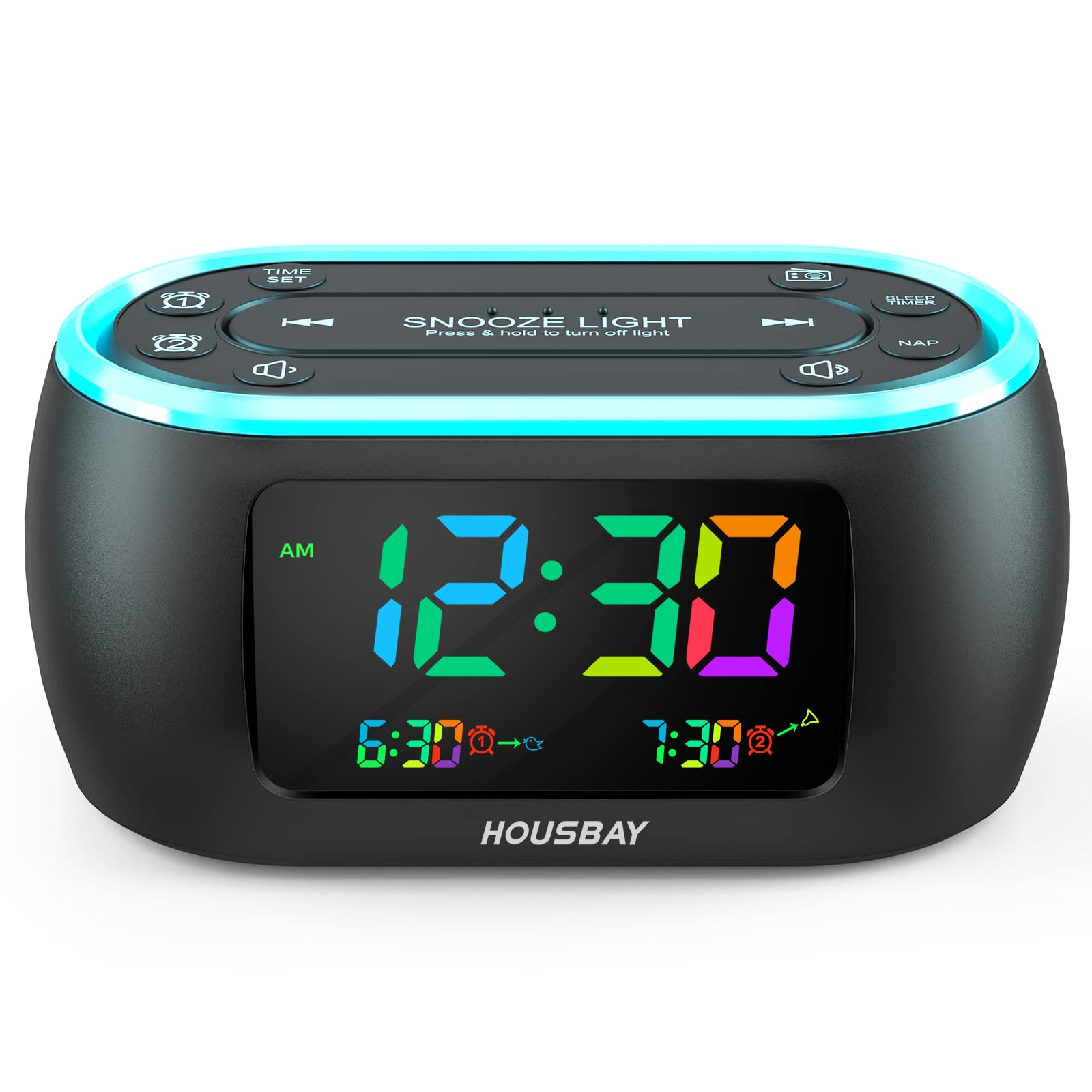HOUSBAY 3 in 1 Alarm Clock for Bedrooms- Clock Radio & Night Light, Rainbow Digit, Dual Alarm, Small Radio Alarm Clock for Kids,