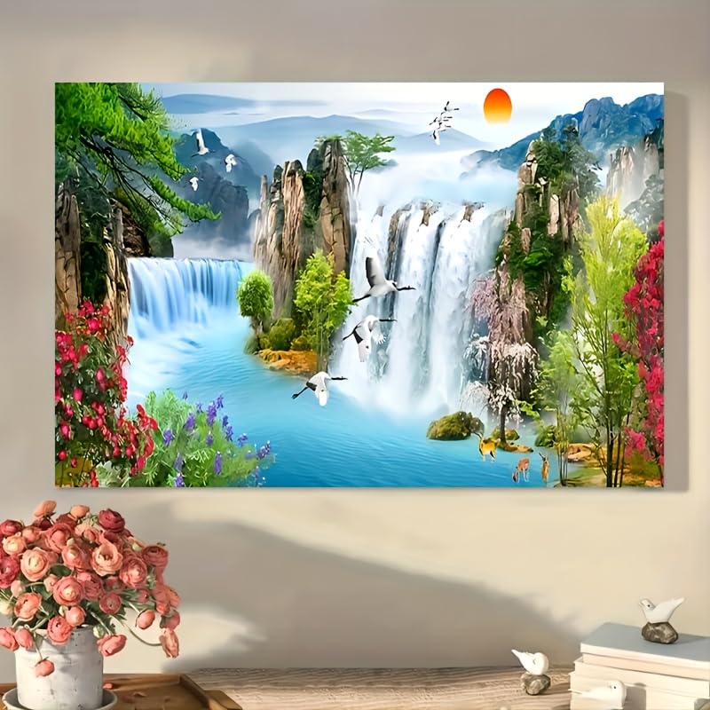 KACHI PENCIL Serene Waterfall Sunset  Framed Canvas Wall Art For Living Room & Bedroom Decor, Perfect Home Accent Or Festival G