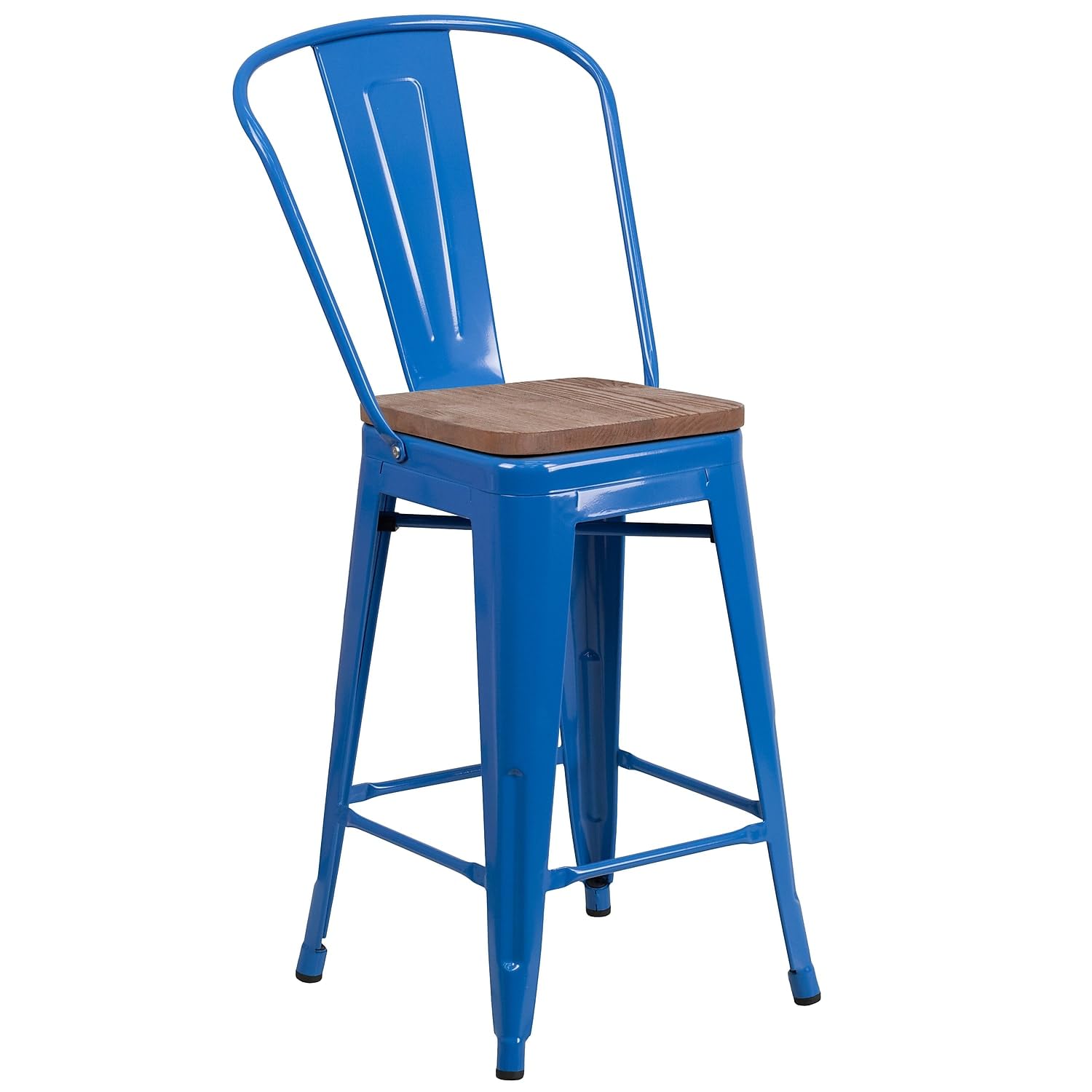 Flash Furniture Lily 24 High Blue Metal Counter Height Stool with Back and Wood Seat