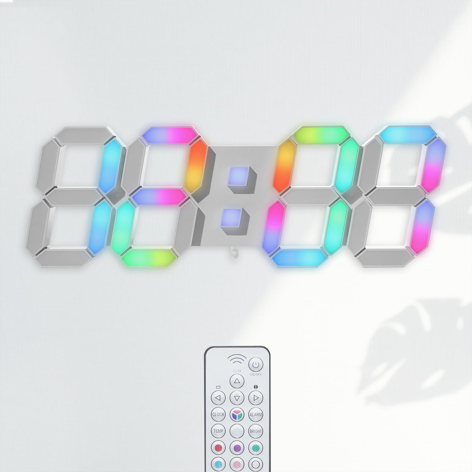 KOSUMOSU LED Wall Clock 15 RGB Digital LED Clock for Living Room Decor, Large Display Gaming Room Clocks, Dimming/12/24 Hr Time/