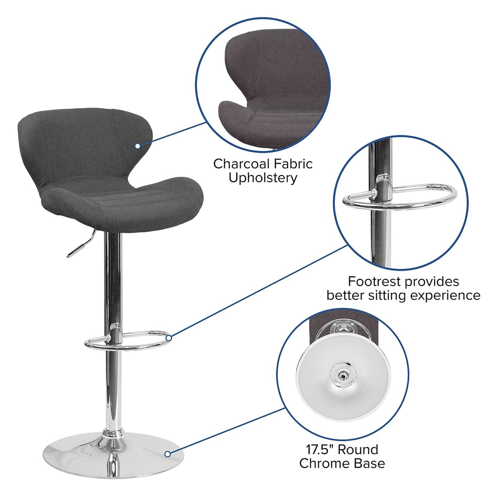 Flash Furniture Contemporary Charcoal Fabric Adjustable Height Barstool with Curved Back and Chrome Base