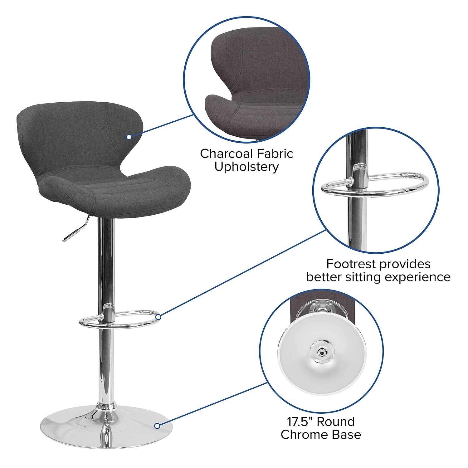 Flash Furniture Contemporary Charcoal Fabric Adjustable Height Barstool with Curved Back and Chrome Base