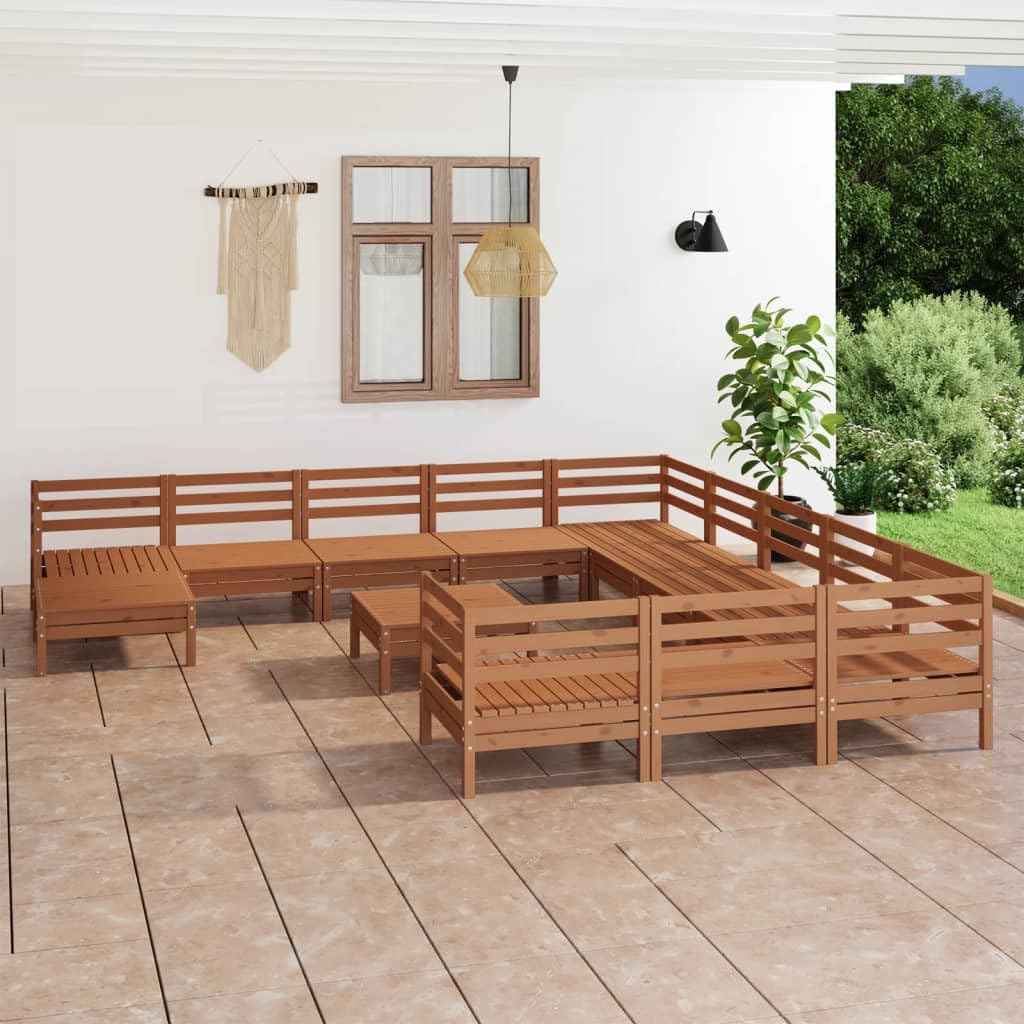 vidaXL Solid Pinewood Patio Lounge Set 13 Piece Garden Outdoor Terrance Backyard Furniture Set Wooden Lounge Sofa Seating Chair Seat Honey Brown