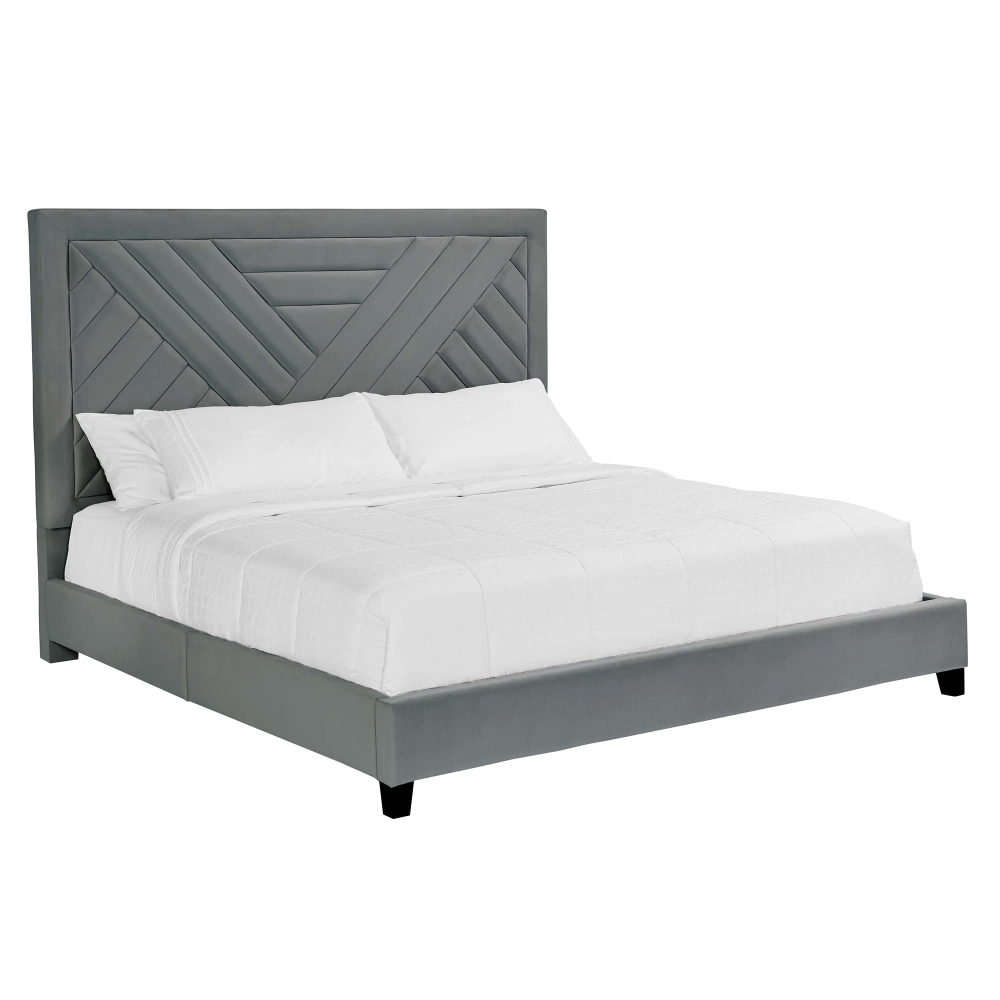 The Urban Port Queen Bed with Fabric Upholstery and Channel Tufted Headboard, Charcoal Gray