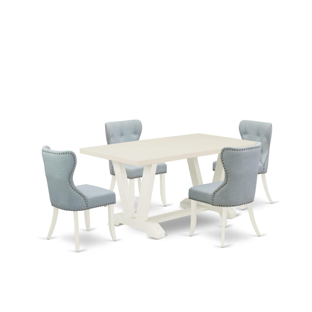 East West Furniture V026Si215-5 5 Piece Modern Dining Table Set Includes A Rectangle Wooden Table With V-Legs And 4 Baby Blue Linen Fabric Upholstered Chairs, 36X60 Inch, Multi-Color
