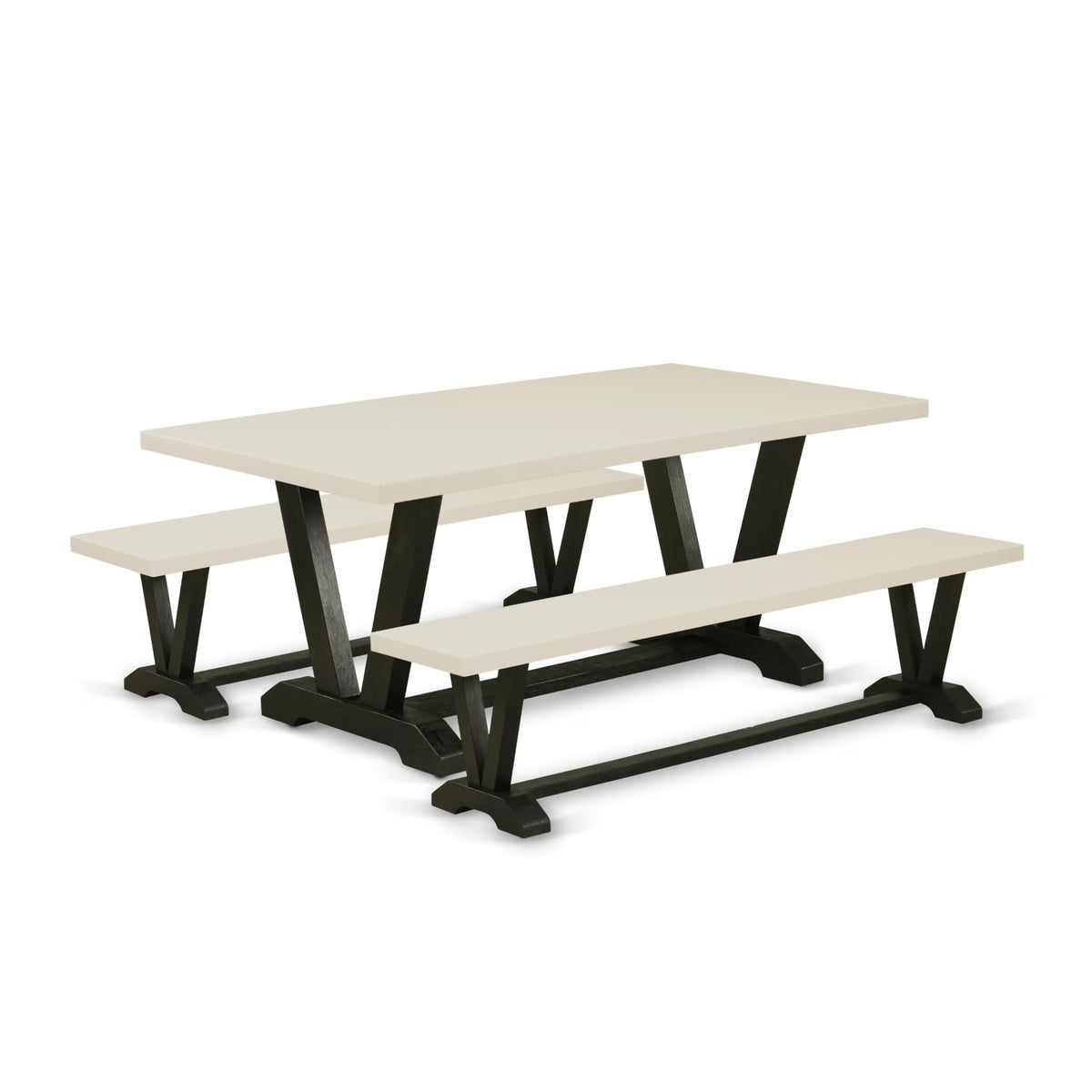 East West Furniture V2-627 3 Piece Modern Dining Table Set Contains a Rectangle Wooden Table with V-Legs and 2 Dining Room Bench, 40x72 Inch, Multi-Color