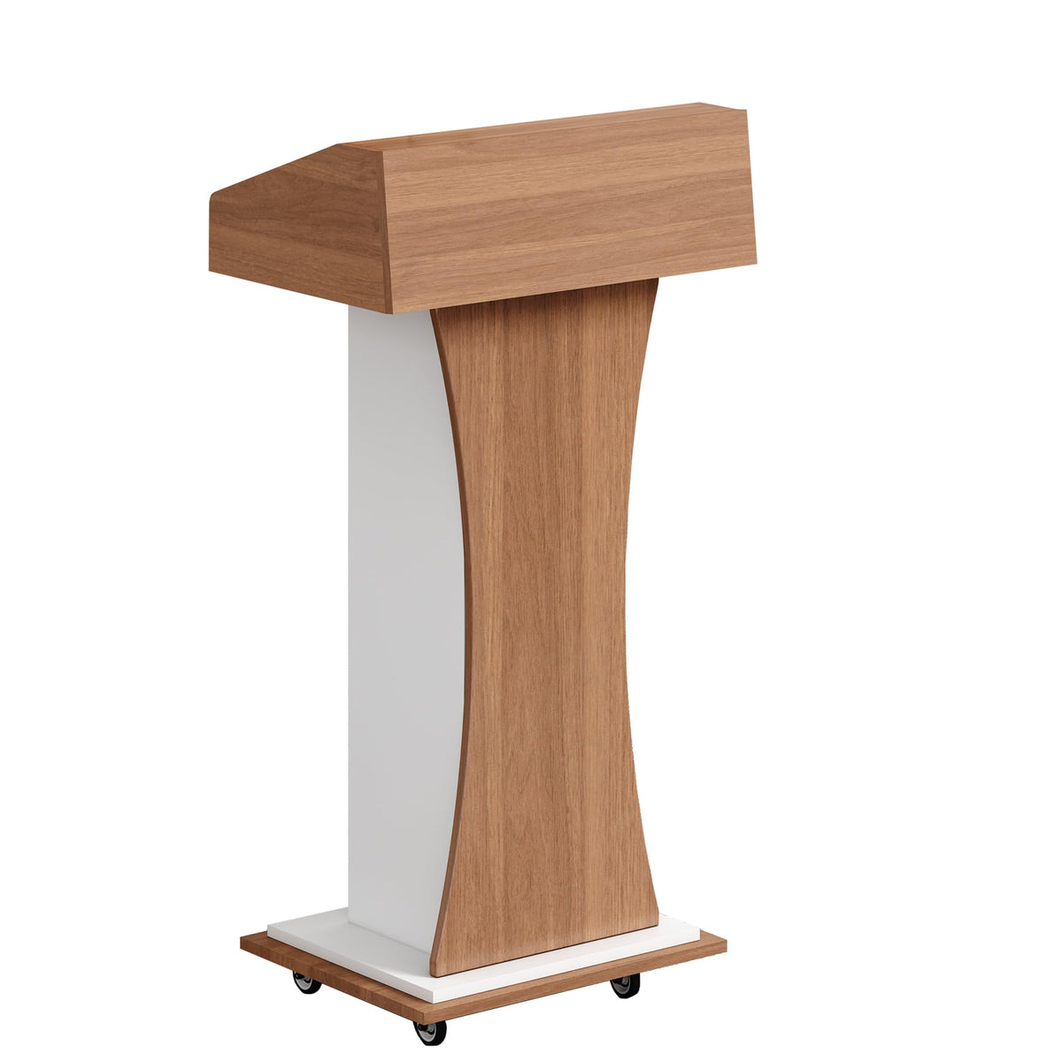 Mobile Wooden Podium Stand With Lockable Wheels Modern Presentation Blockboard Lectern Black Walnut Color With Storage Shelves F