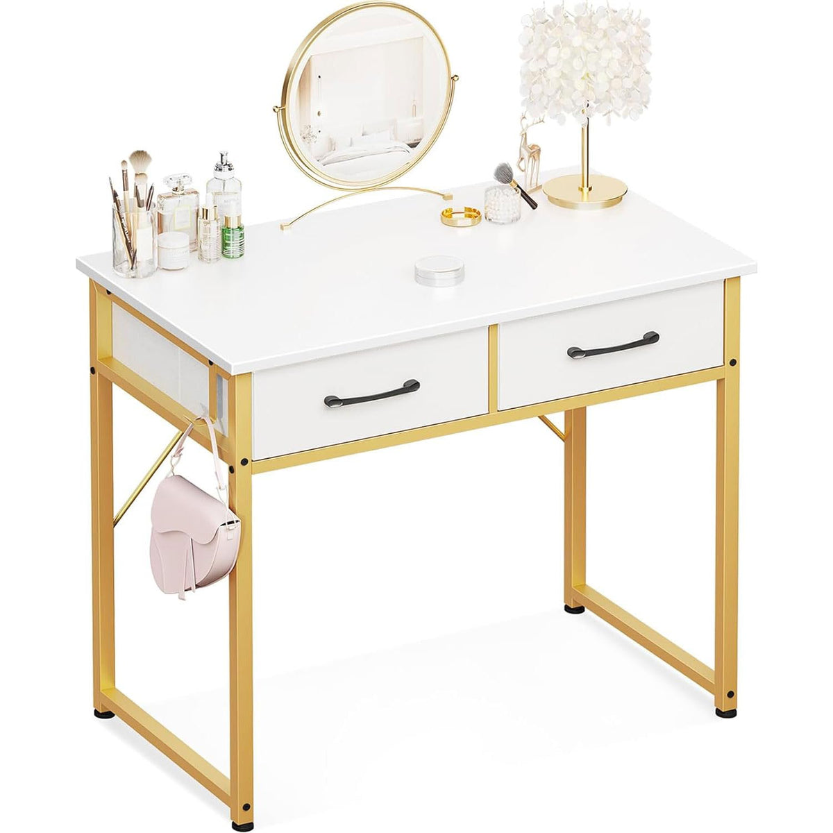 Odk Vanity Desk Without Mirror, Makeup Vanity With 2 Fabirc Drawers, White Vanity Dressing Vanity Table With Versatile Hook, 32