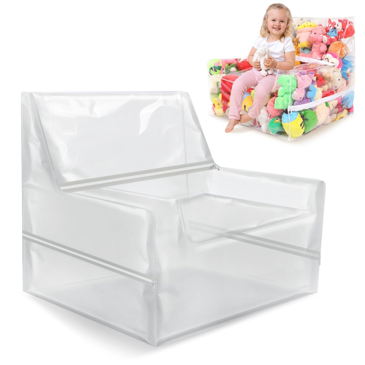 JFNoraiva 25inch Clear Bean Bag Chair Cover (No Filler) for Stuffed Animal Storage, 3 Hidden Zippers Toy Organizer, Transparent