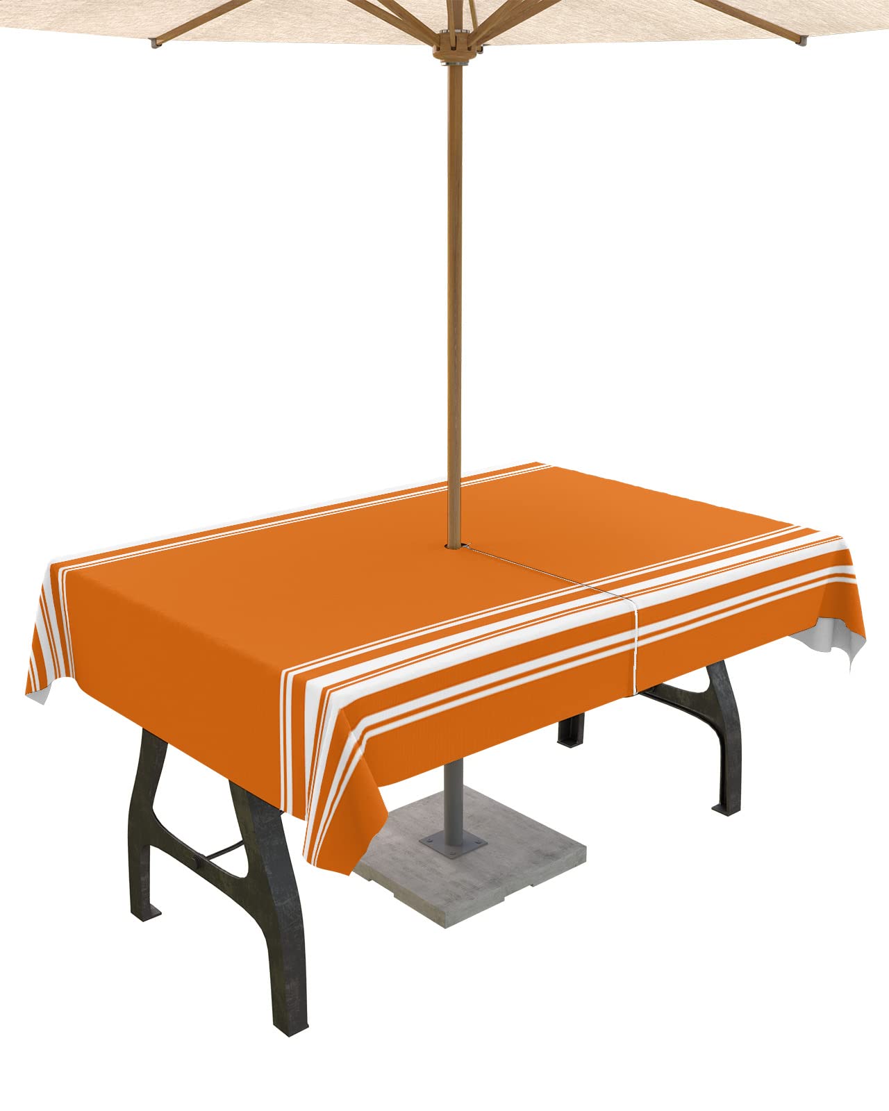 Fall Outdoor Tablecloth With Umbrella Hole, Farmhouse Orange White Stripe Rectangle Tables Zippered Table Cloth Waterproof Table