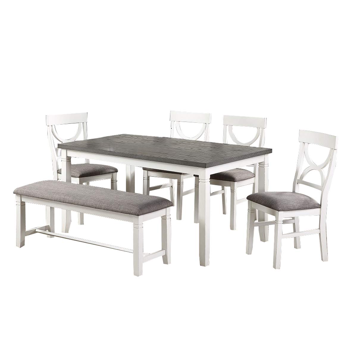 Benjara 6 Piece Wooden Dining Set With Cut Out Back Chairs And Padded Bench, Gray