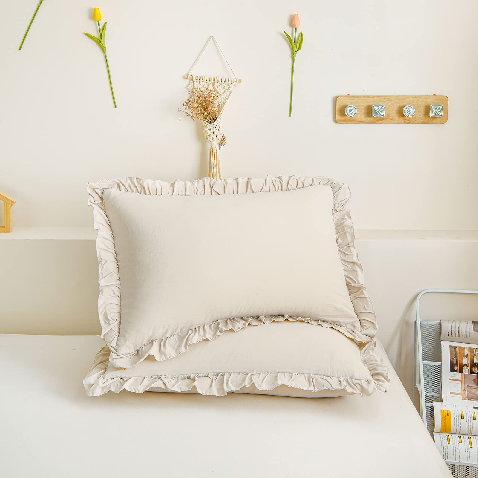 Beige Pillowcases Ruffled Pillow Shams Beige Grey Ruffle Standard/Queen Pillowcases Set Of 2 Shabby Chic Pillowcases 2 Pack (Que