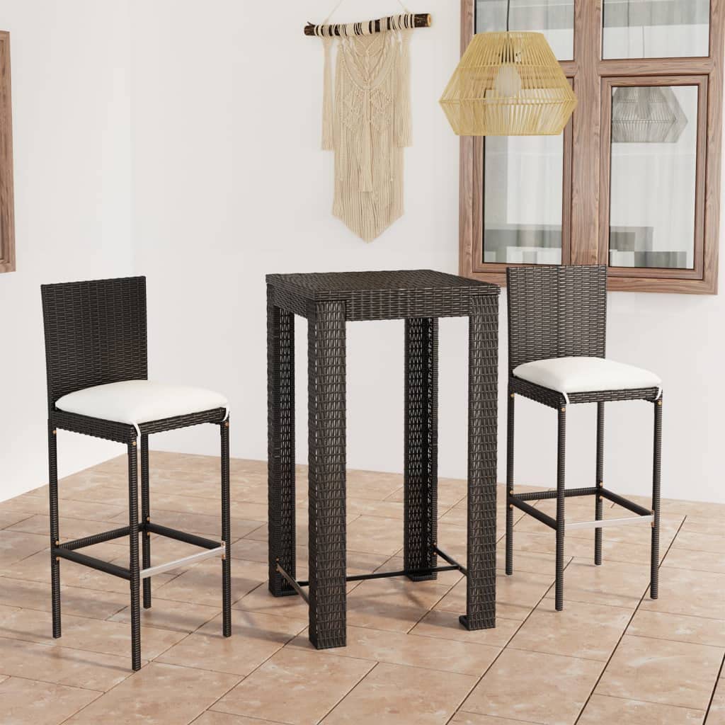 vidaXL Patio Bar Set 3 Piece, Bistro Set for Outdoor Porch Yard, Bar Stool with Cushions, Bistro Table, Farmhouse Modern Style, Poly Rattan Black