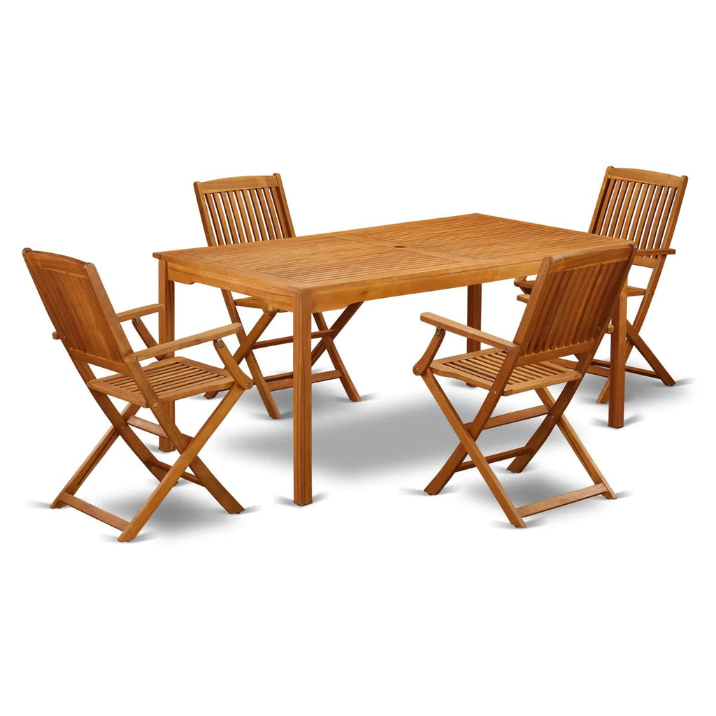 East West Furniture Cmcm5Cana Cameron 5 Piece Patio Bistro Dining Furniture Set Includes A Rectangle Outdoor Acacia Wood Table And 4 Folding Arm Chairs, 36X66 Inch, Natural Oil