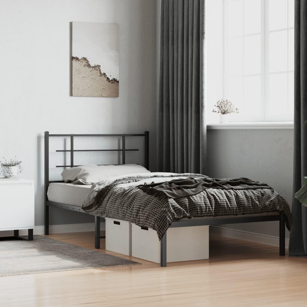 vidaXL Black Metal Bed Frame-Single 39.4"x78.7" with Headboard and Storage Space - Durable Steel Construction - Elegant Bedroom Furniture