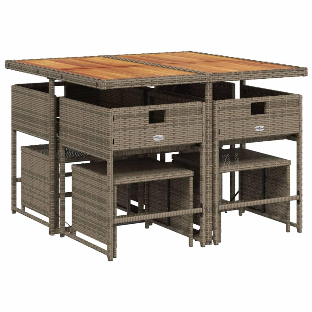 vidaXL 9 Piece Patio Dining Set - Gray Poly Rattan, Acacia Wood Table, Navy Cushions, Space-Saving Design - Outdoor Furniture for Garden, Backyard, Patio - Seats 8