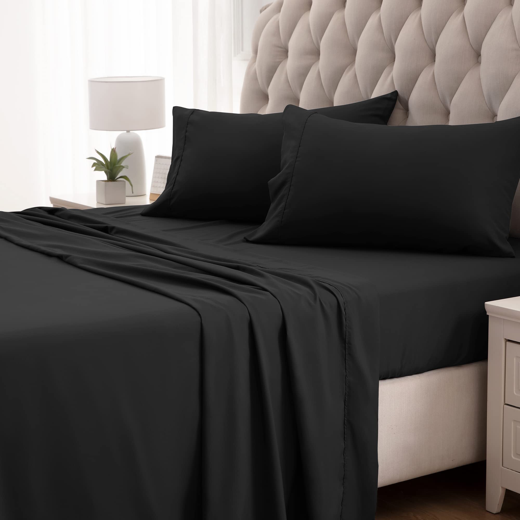 Sleep Zone Nanotex Super Soft Cooling Queen Bed Sheets Set 4 Piece - Easy Care Fitted Flat Sheet & Pillowcase Sets - Wrinkle Free, Fade Resistant, Deep Pocket 16' (Black, Queen)