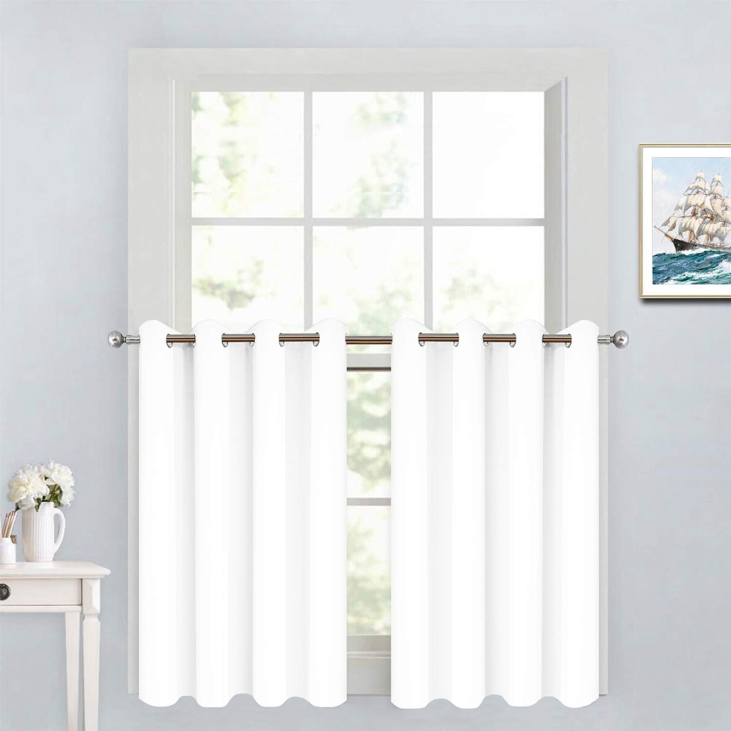 Yakamok Room Darkening Window Curtains For Kitchen, Thermal Insulated Grommet Window Drapes For Bedroom Basement, Pure White, 52