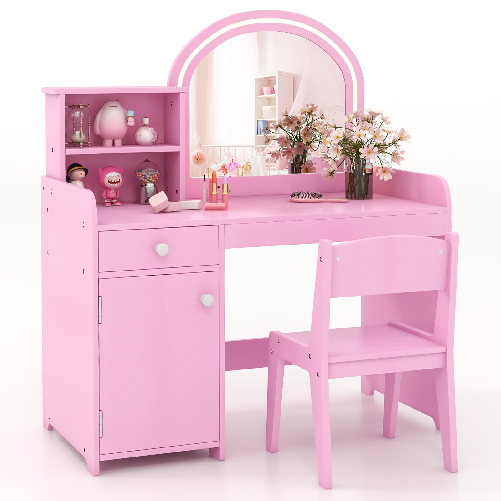HONEY JOY Kids Vanity with Lights, Little Girls Vanity Set with Mirror and Stool and Lights, Wooden Princess Makeup Dressing Tab