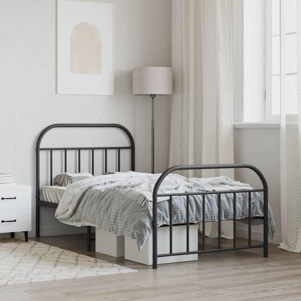 vidaXL Single Bed Frame - Durable Powder-Coated Steel with Headboard and Footboard - Extra Storage Space - Includes Metal Slats and Legs - Black