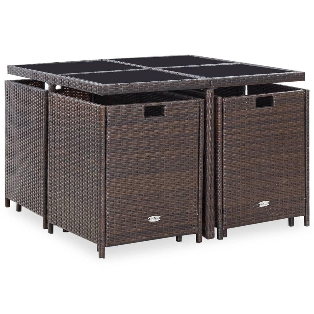 vidaXL Patio Dining Set with Cushions - 9 Piece Outdoor Furniture - Comfortable and Stylish Poly Rattan Brown with Weather-Resistant Design and Easy Assembly