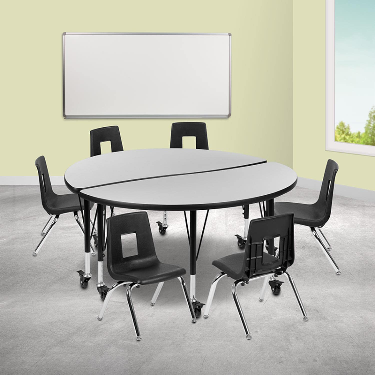 Flash Furniture Mobile 47.5" Circle Wave Collaborative Laminate Activity Table Set With 14" Student Stack Chairs, Grey/Black