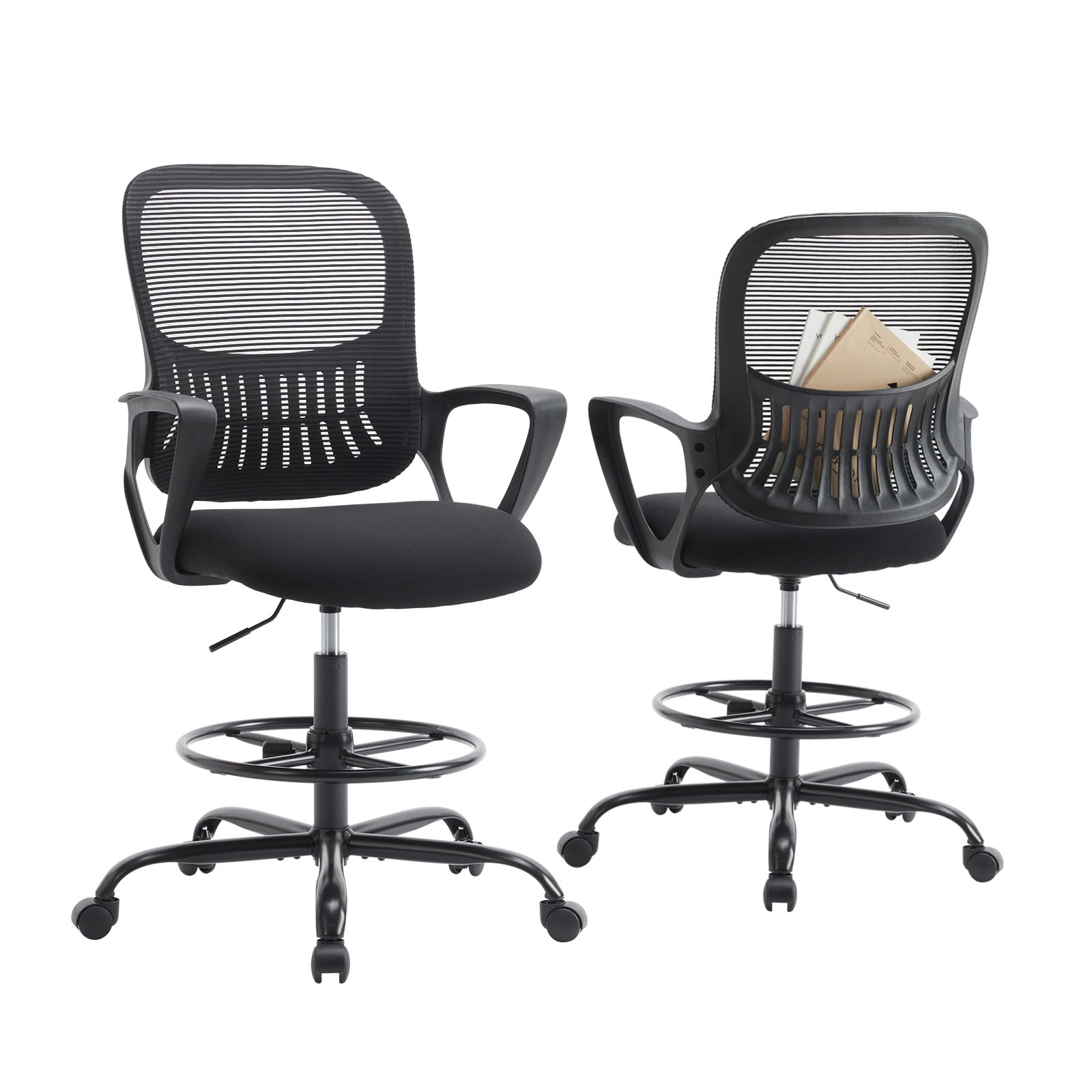 DUMOS Drafting Chair - Counter Height Adjustable Tall Office Desk Chair with Fixed Armrests and Comfortable Lumbar Support for S