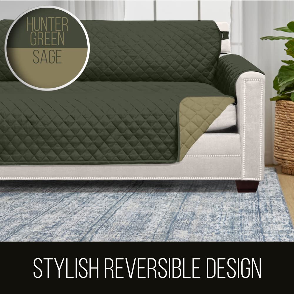 Sofa Shield Patented Sectional Slip Cover, Large Cushion Protector, Reversible Stain And Dog Tear Resistant Slipcover, Quilted Microfiber 30X30” Seat, Washable Covers Dogs Pets Kids, Hunter Green Sage