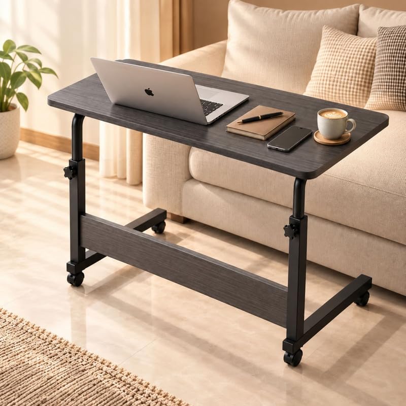 Homero Height Adjustable Table For Office Work, Portable Laptop Table With Wheels, 6590 Cm Adjustable Height, Wood & Iron Study