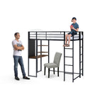 East West Furniture Butlblk Buckland Twin Loft Bed - One Metal Bed, A Table Top, 2 Book Shelves And 2 Ladder With 3 And 4 Steps And Guard Rails - Twin Loft Bed - Powder Coating Black Finish