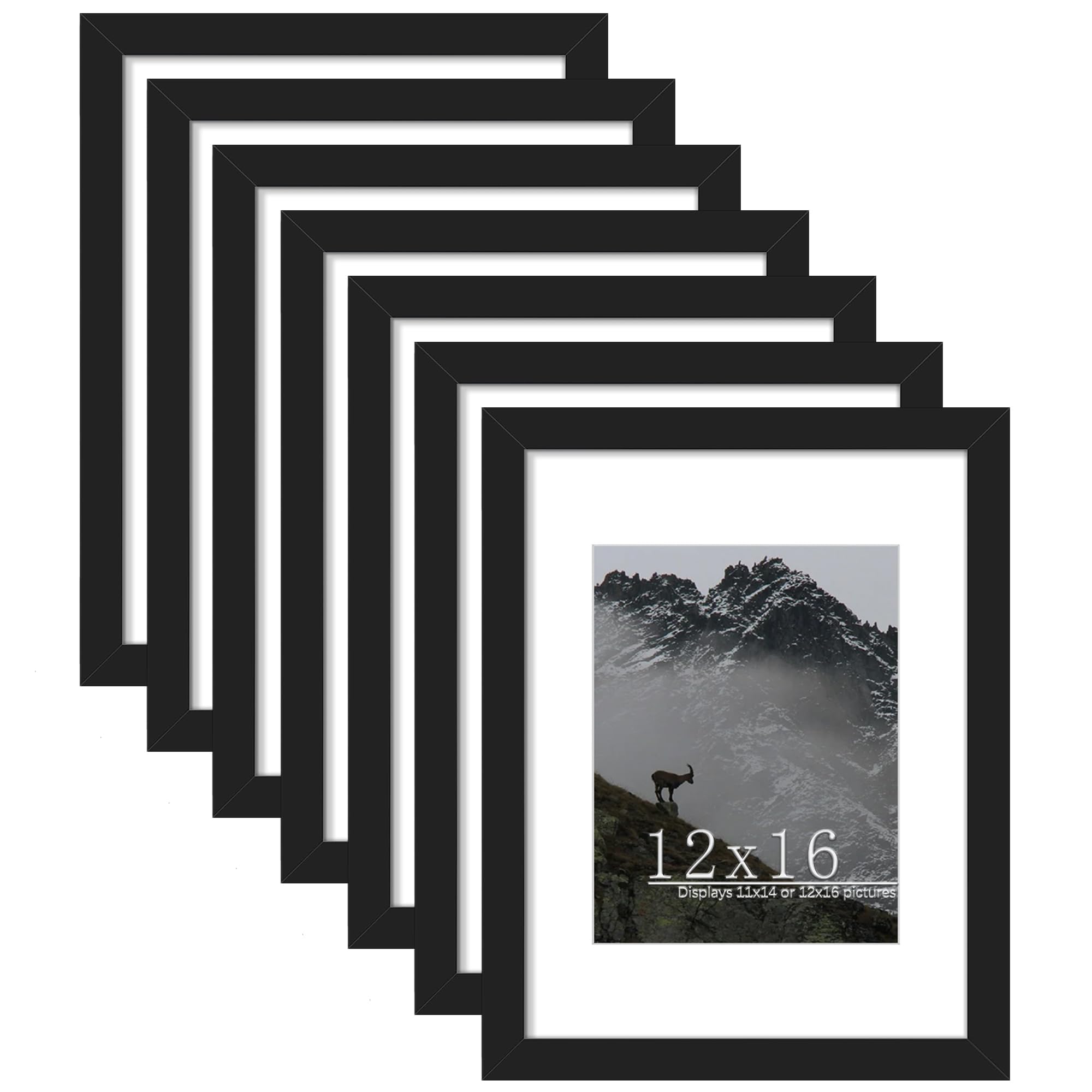 Picrit 12x16 Picture Frame Set of 7, Display 8.5x11 with Mat or 12x16 Without Mat, Photo Frames for Wall Mounting Display, Black