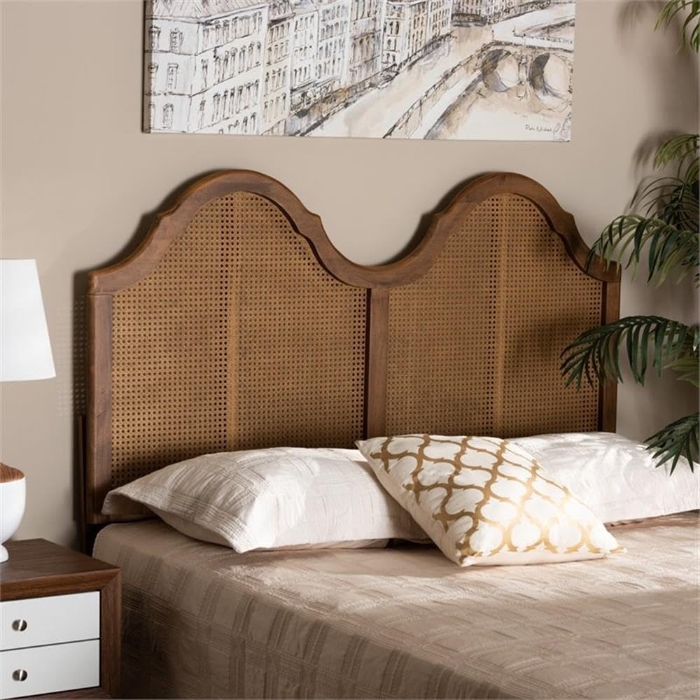 Baxton Studio Hazel Vintage Classic and Traditional Ash Walnut Finished Wood and Synthetic Rattan Queen Size Arched Headboard