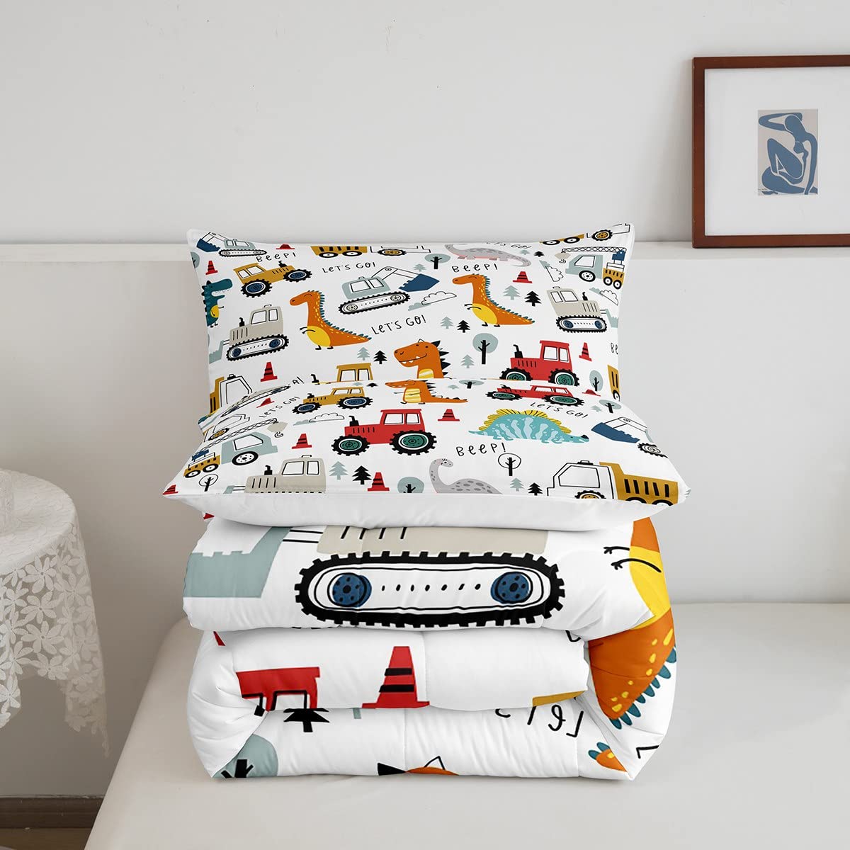 Feelyou Construction Comforter Set Kids Cartoon Dinosaur Comforter Cover Set For Boys Equipment Trucks Bedding Set Construction