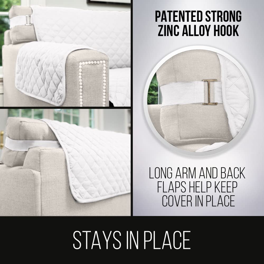 Sofa Shield Patented Couch Slip Cover, Large Cushion Protector, Reversible Stain And Dog Tear Resistant Slipcover, Quilted Microfiber 62” Seat, Washable Covers For Dogs Pets Kids, White