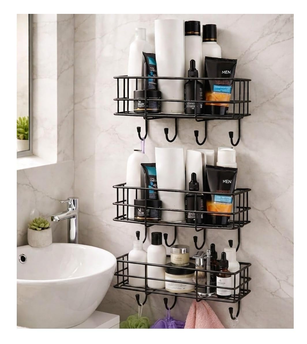Clinton SelfAdhesive Wall Mounted Bathroom Shelf Organiser With Hooks, Black, (Set Of 3)