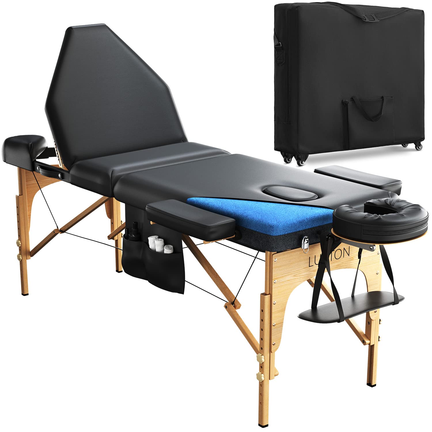 Luxton Home 3-Section Premium Memory Foam Massage Table with Rolling Travel Case - Easy Set Up (Black)