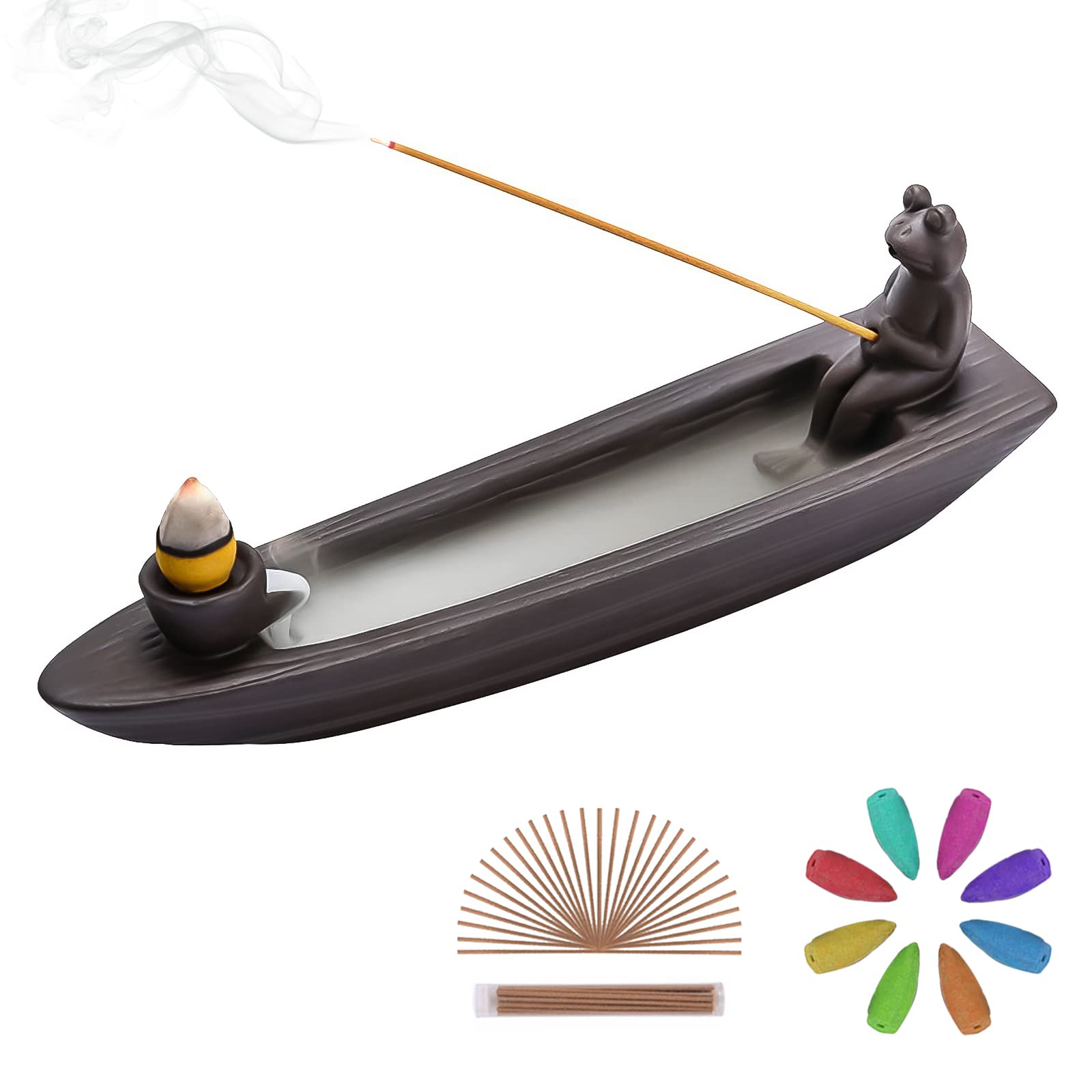 ChangWanna Frog Incense Holder Waterfall - Ceramic Cone Backflow Incense Burner Smoke Fountain, Back Flowing Incense Diffuser wi