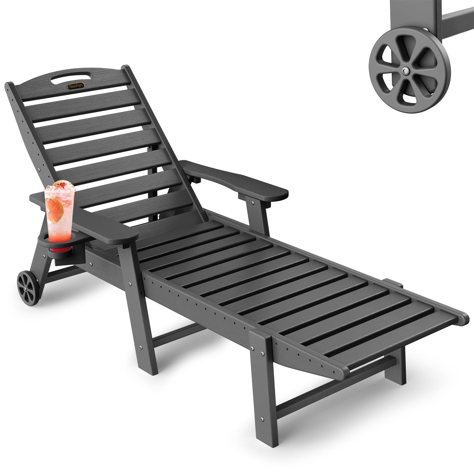 SUUNYN Lounge Chair Outdoor, Chaise Lounge Chair Outdoor, HDPE 6-Position Outdoor Chaise Lounge, Patio Lounge Chair with Wheels 