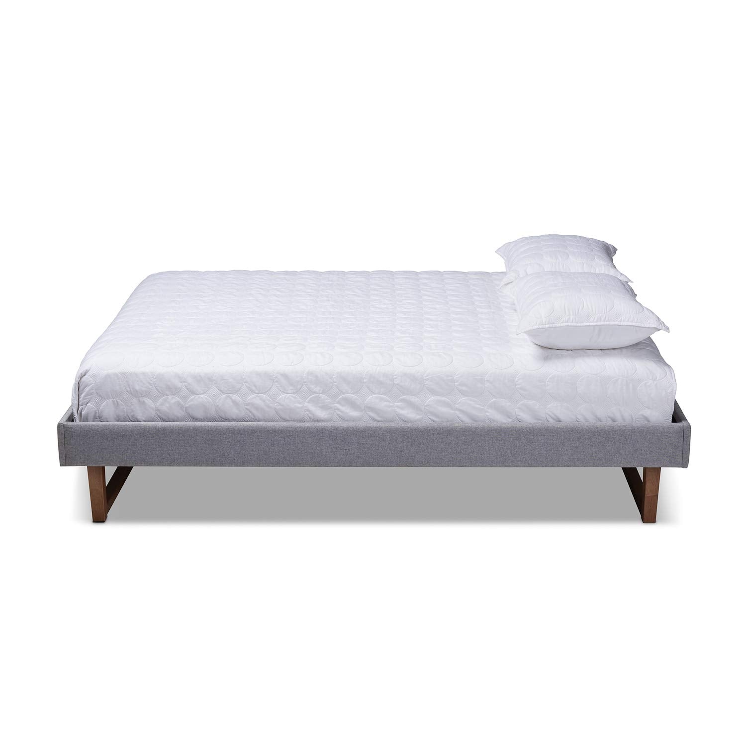 Baxton Studio Liliya Mid-Century Modern Light Grey Fabric Upholstered Walnut Brown Finished Wood Full Size Platform Bed Frame