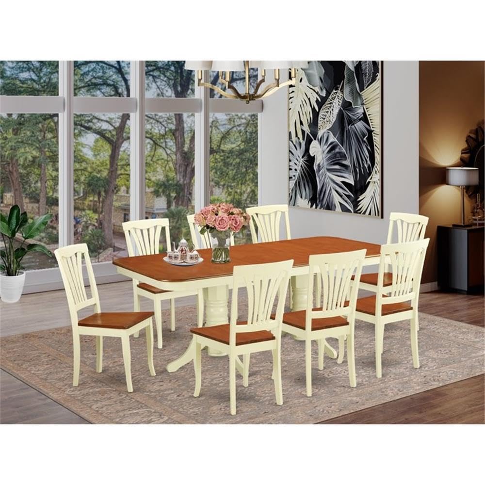 East West Furniture NAAV9-WHI-W 9 Piece Dining Table Set Includes a Rectangle Dinner Table with Butterfly Leaf and 8 Dining Room Chairs, 40x78 Inch, Buttermilk & Cherry