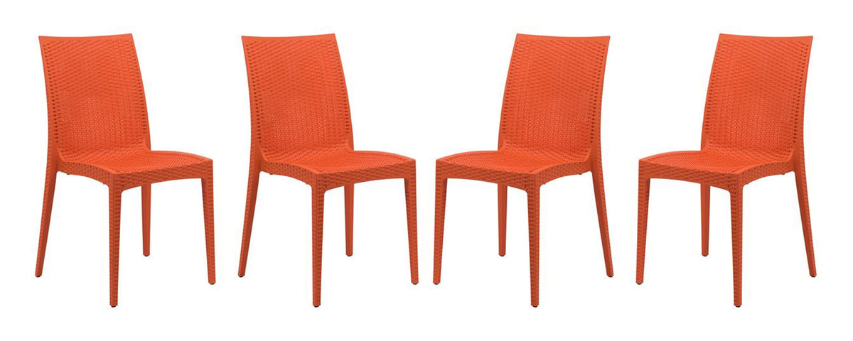 LeisureMod Modern Indoor/Outdoor Home Decorative Furniture Weave Mace Dining Chair (Armless), Set of 4 - Orange