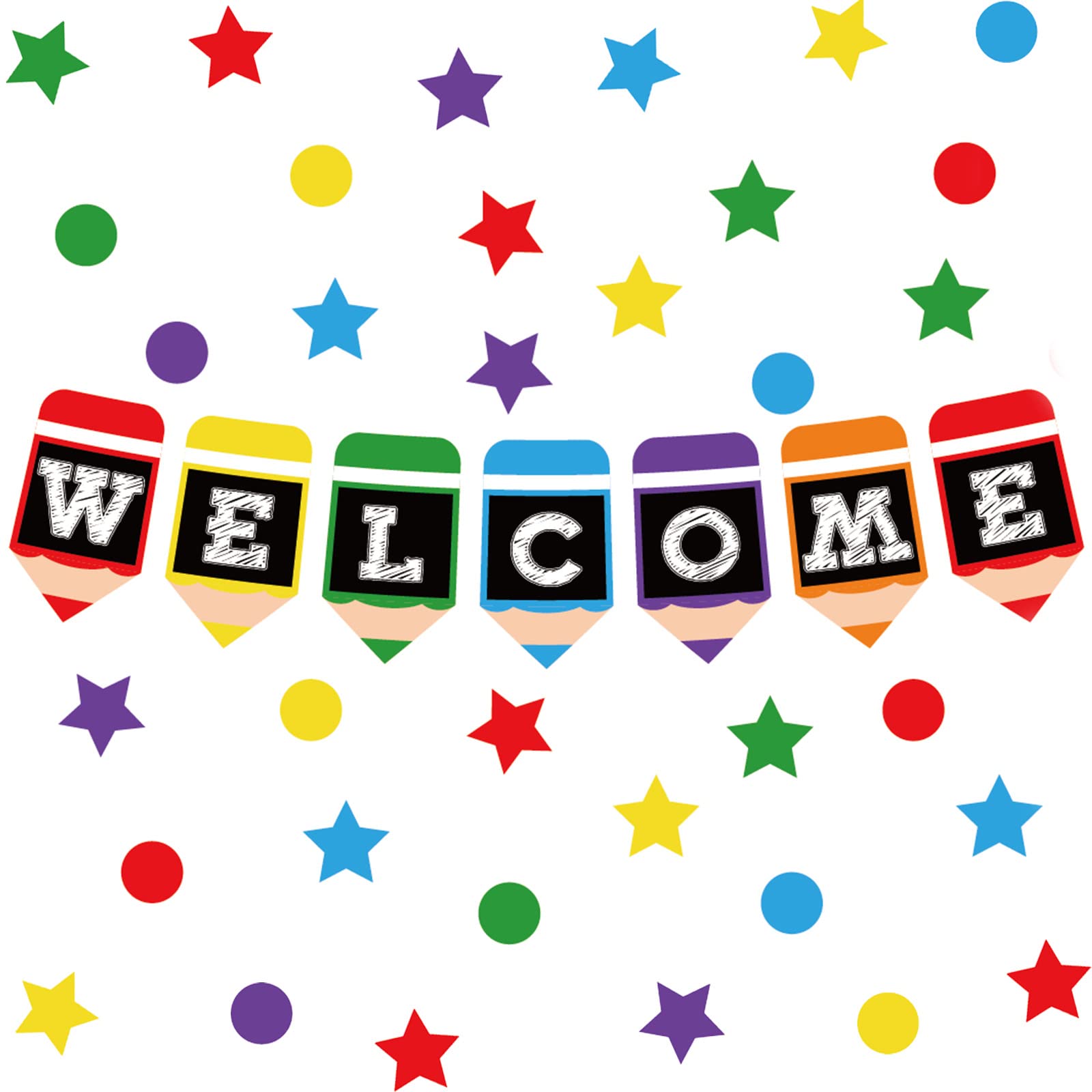 Whaline 57 Pieces Welcome Bulletin Board Set Colorful Pencil Design Welcome Back Banner Star Dots Shape Cutouts Classroom Decora