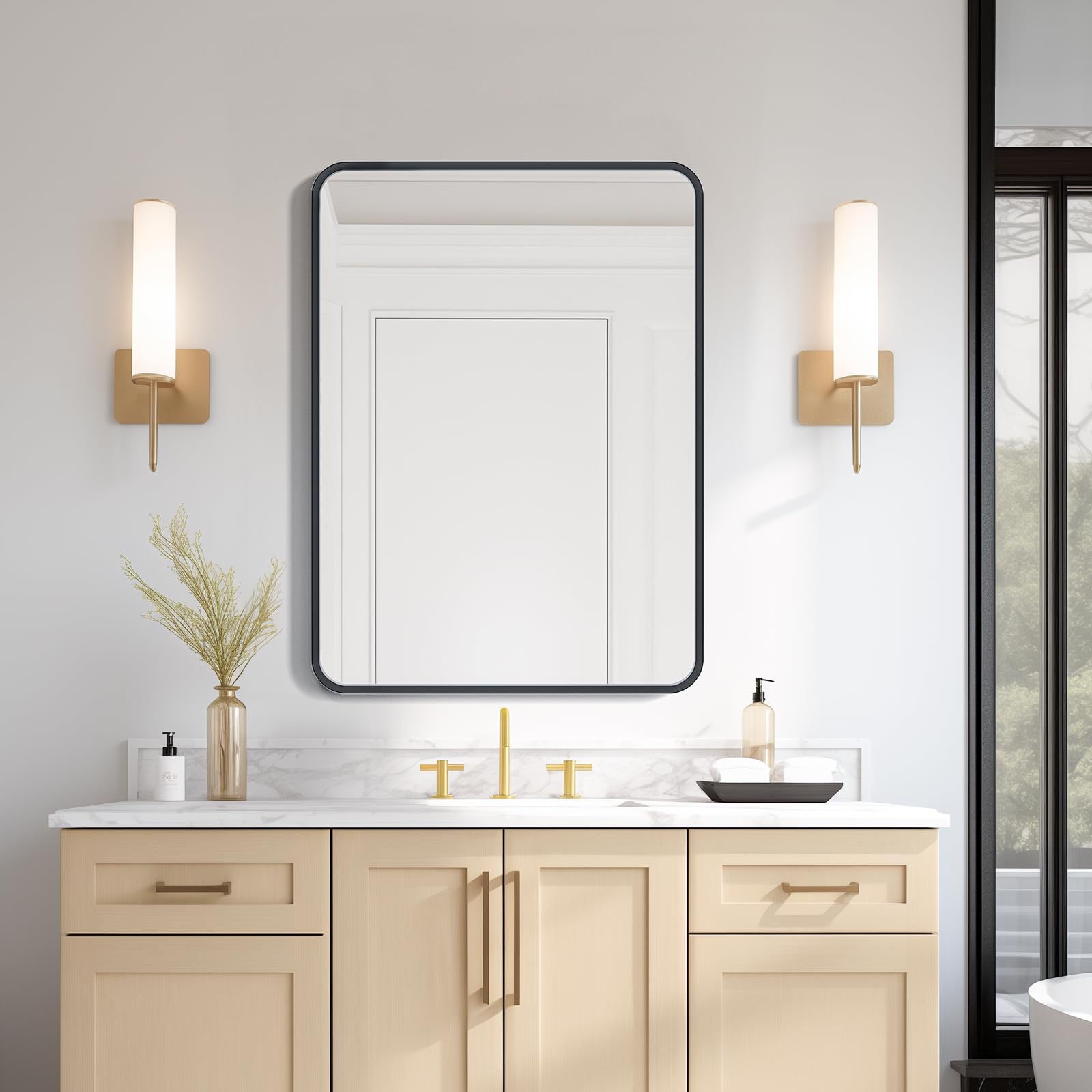 USHOWER Black Bathroom Mirror for Over Sink 22 x 30 Inch, Matte Black Rectangle Mirror for Wall, Rounded Metal Frame Vanity Mirr