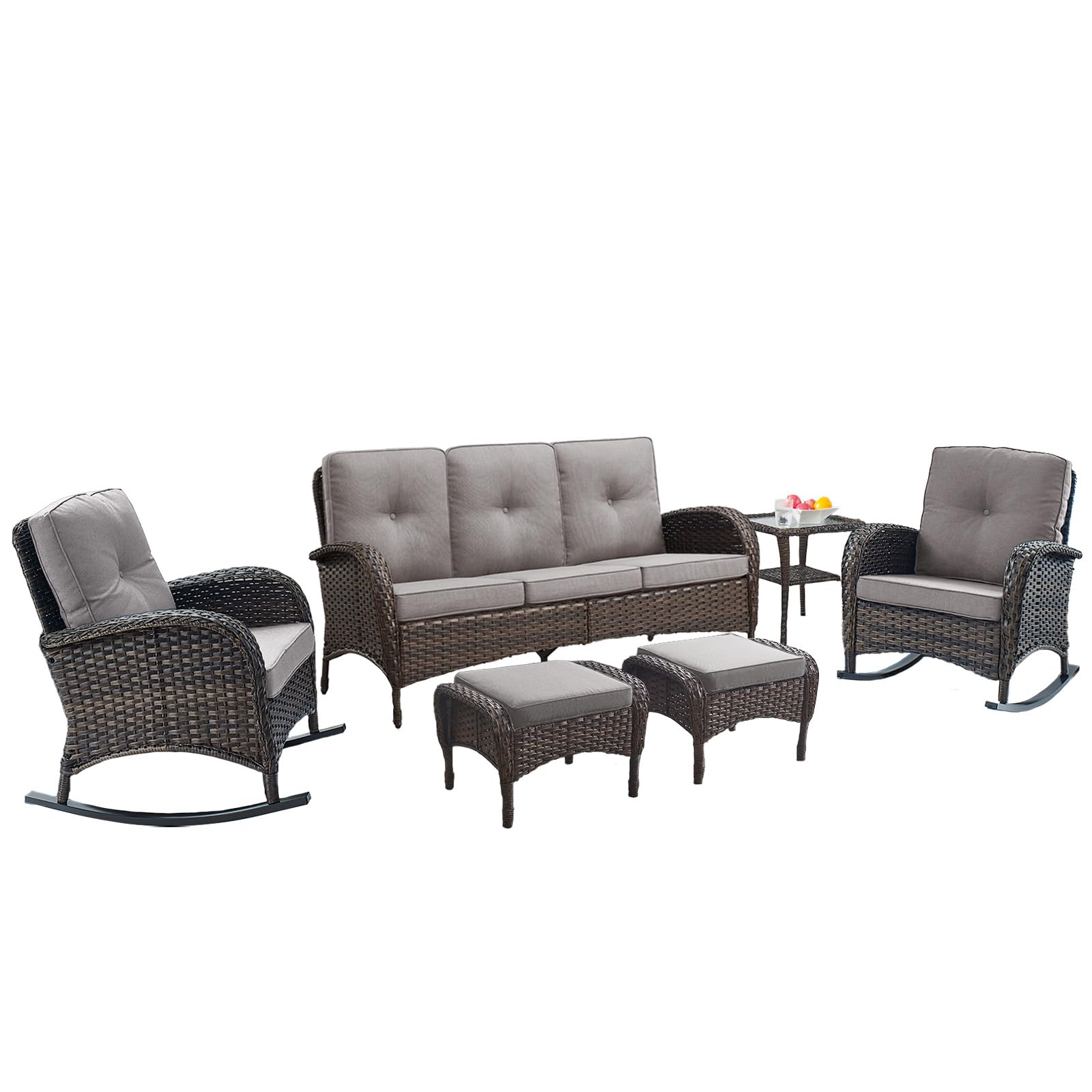 Belord Patio Rocking Chairs Furniture Set Of 6, Outdoor Wicker Furniture Sets With Wicker Rocker, Small Patio Conversation Sets With Outdoor Couch Ottomans Brown/Grey