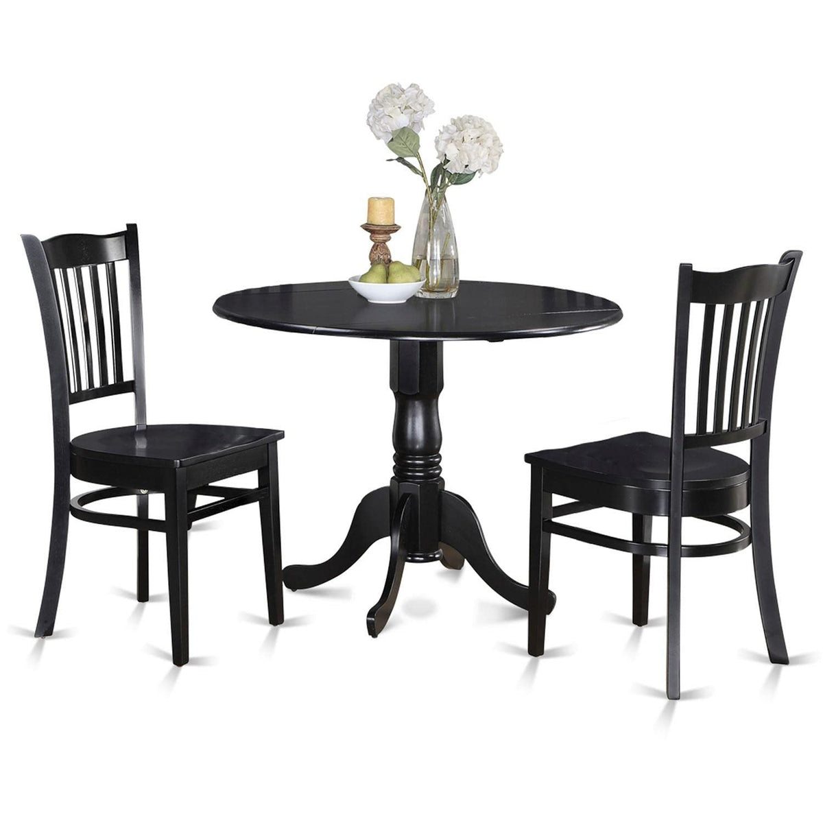 East West Furniture Dublin 3 Piece Set for Small Spaces Contains a Round Dining Room Table with Dropleaf and 2 Wood Seat Chairs, 42x42 Inch, Black