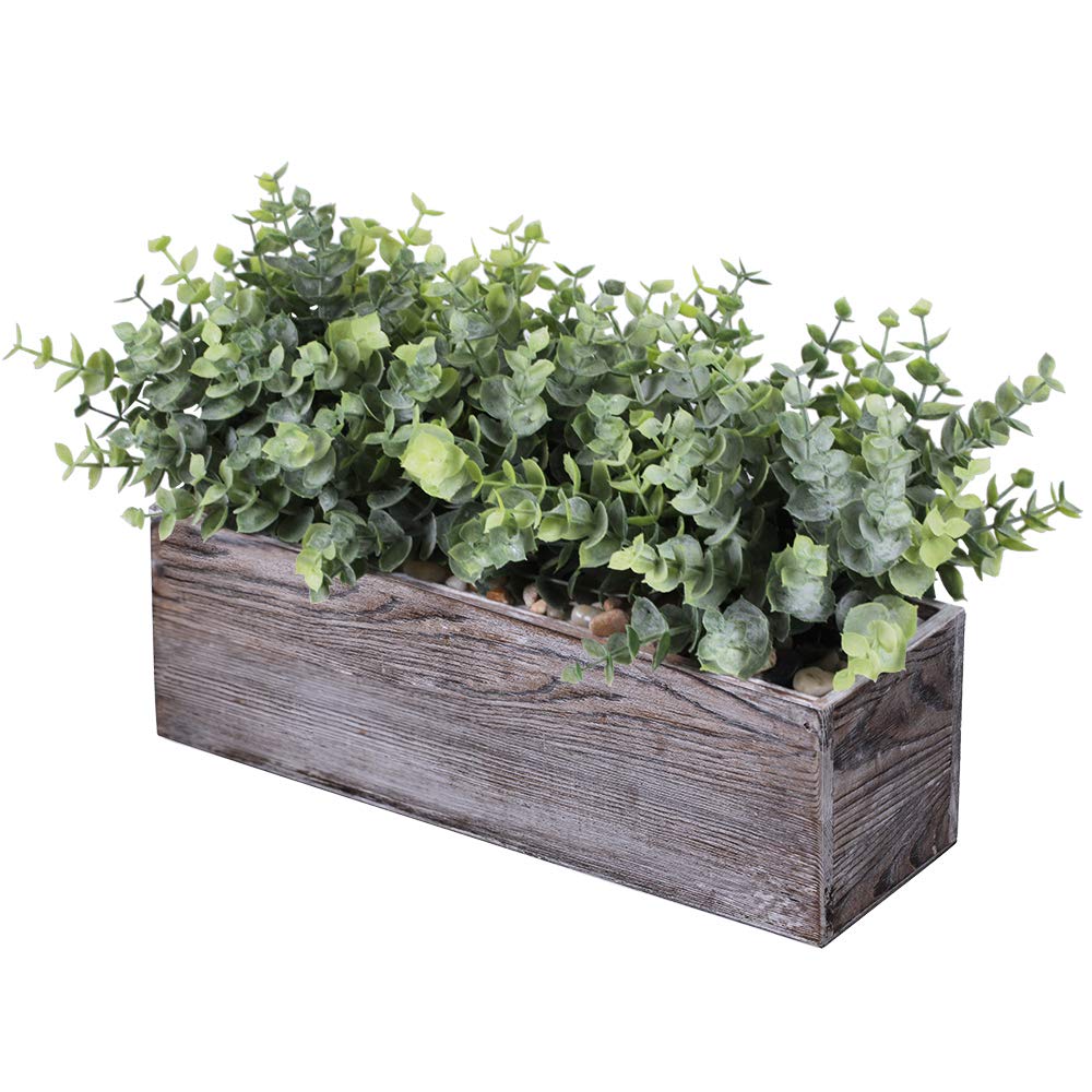 Faux Eucalyptus Plants in Rustic Rectangular Wood Planter Box Artificial Eucalyptus Greenery Arrangement Potted Plant in Dusty G