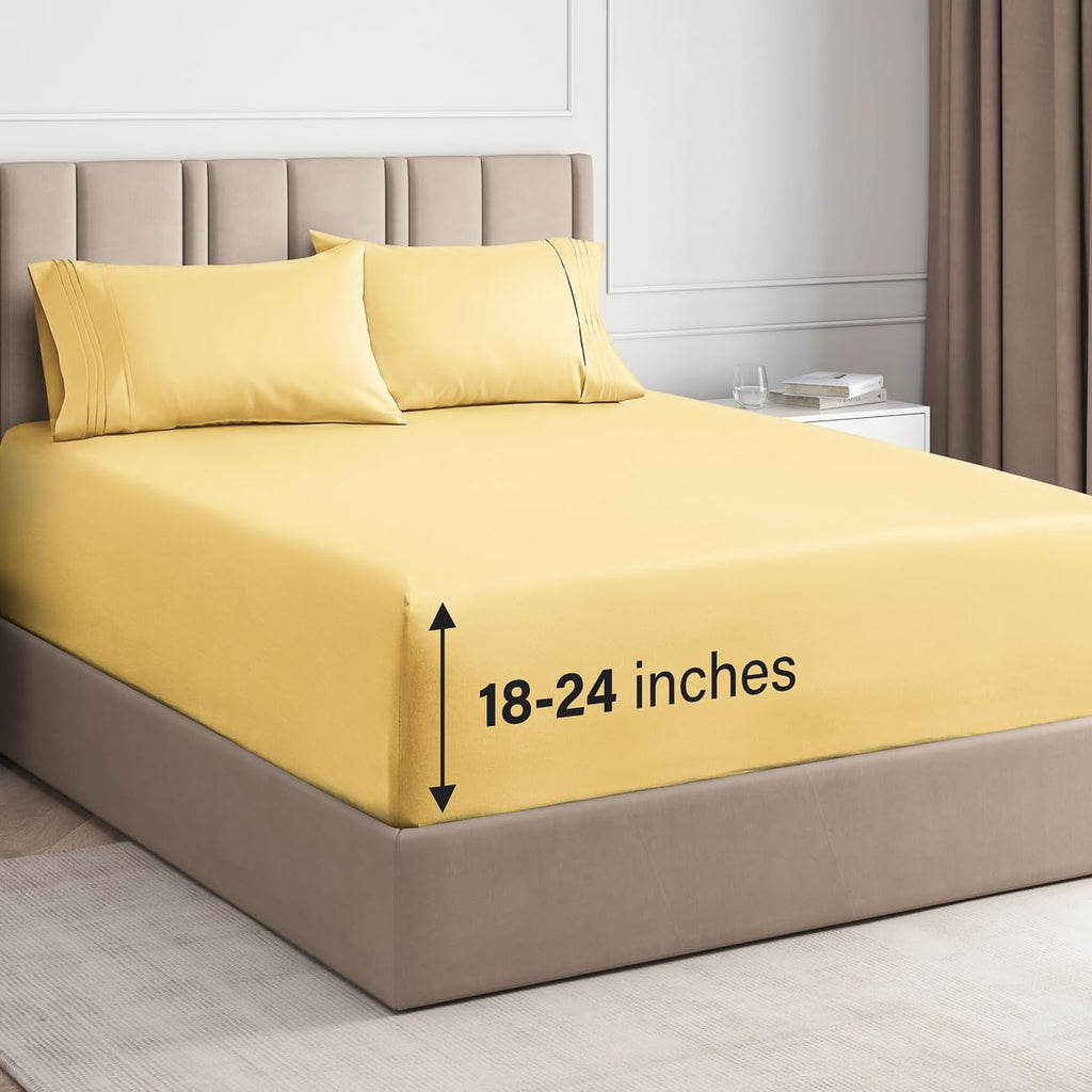 Extra Deep King 4 Piece Bedding Sheet Set - Breathable & Cooling - Hotel Luxury Bed Sheets Set - Easy Fit - Soft, Wrinkle Free & Comfy Yellow Bedding Sheets - Extra Deep Pockets Bed Sheet Set