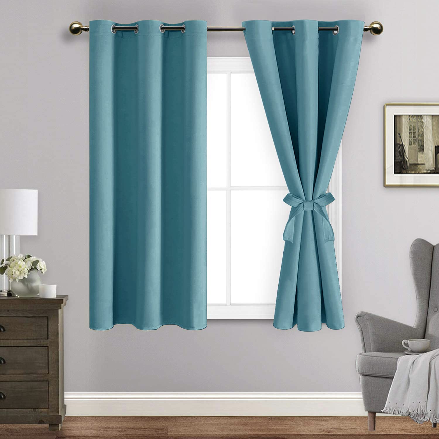 Jiuzhen Blackout Curtains With Tiebacks - Thermal Insulated, Light Blocking And Noise Reducing Grommet Curtain Drapes For Bedroom And Living Room, Set Of 2 Panels, Turquoise, 38 X 54 Inch Length